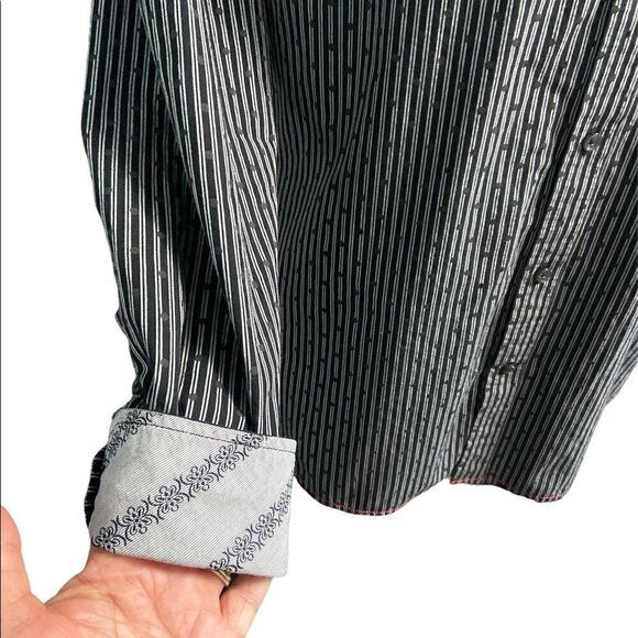 Vintage Italia Black Long Sleeve Button Front Polka Dot on Stripe Shirt Size L - Picture 7 of 7